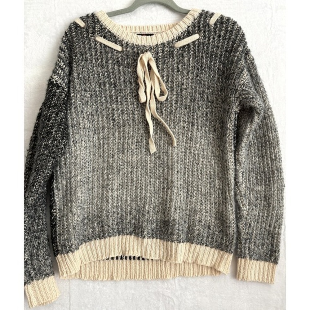 GeeGee Womens L Knit Ombre Tie Neck Sweater Cozy Casual‎ Cream Black Gray